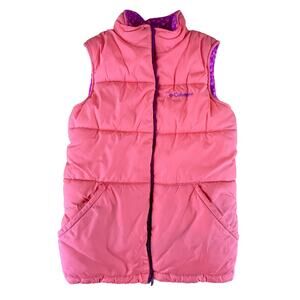 Columbia Girls L 14-16 Reversible Puffer Vest Pink Purple Fleece Polka Dot Layer